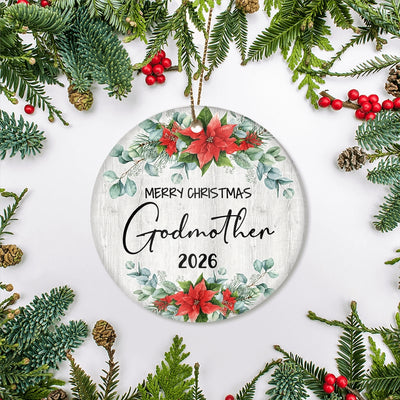 Merry Christmas Godmother 2025 Ornament New Godmother Farmhouse Rustic Gray Wood Deep Red Poinsettia Flower Decoration Christmas Tree Ornament | teecentury