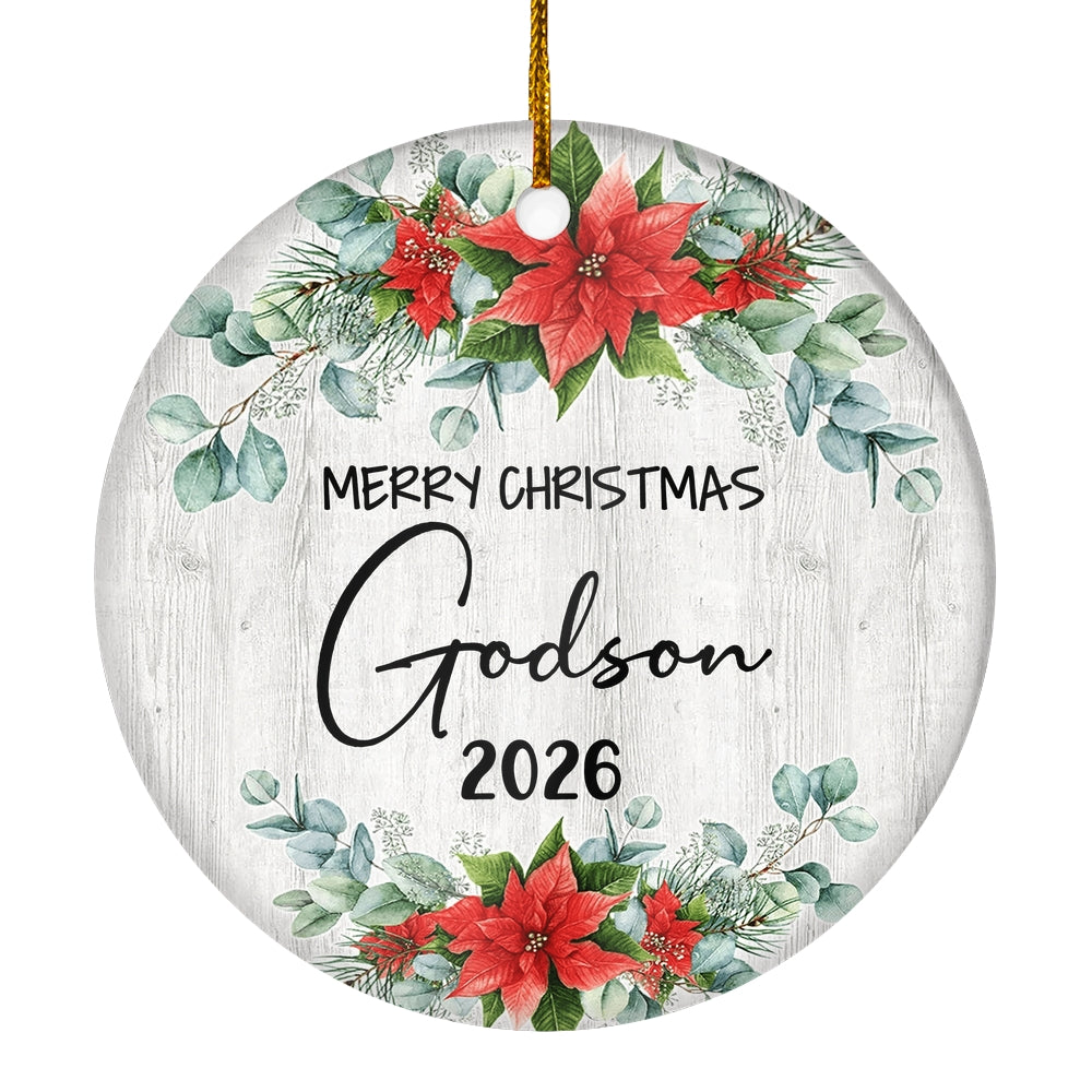 Merry Christmas Godson 2025 Ornament New Godson Farmhouse Rustic Gray Wood Deep Red Poinsettia Flower Decoration Christmas Tree Ornament | teecentury