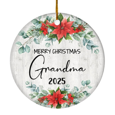 Merry Christmas Grandma 2024 Ornament New Grandma Farmhouse Rustic Gray Wood Deep Red Poinsettia Flower Decoration Christmas Tree Ornament | teecentury