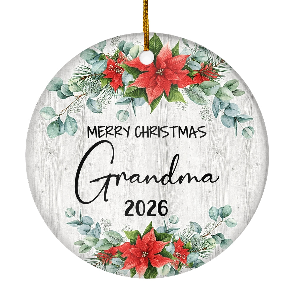 Merry Christmas Grandma 2025 Ornament New Grandma Farmhouse Rustic Gray Wood Deep Red Poinsettia Flower Decoration Christmas Tree Ornament | teecentury