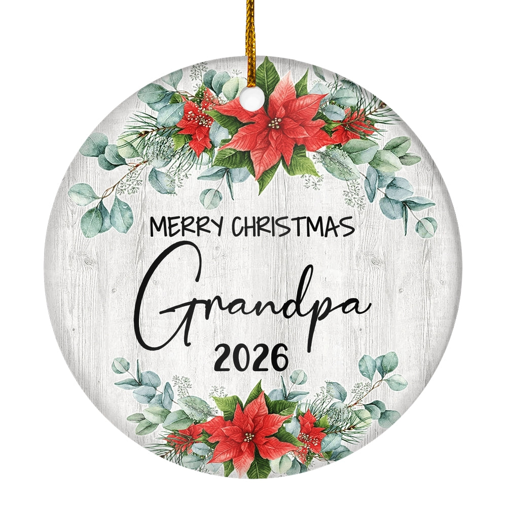 Merry Christmas Grandpa 2025 Ornament New Grandpa Farmhouse Rustic Gray Wood Deep Red Poinsettia Flower Decoration Christmas Tree Ornament | teecentury