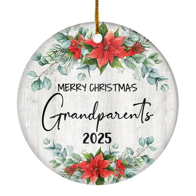 Merry Christmas Grandparents 2024 Ornament New GrandGrandparents Farmhouse Rustic Gray Wood Deep Red Poinsettia Flower Decoration Christmas Tree Ornament | teecentury