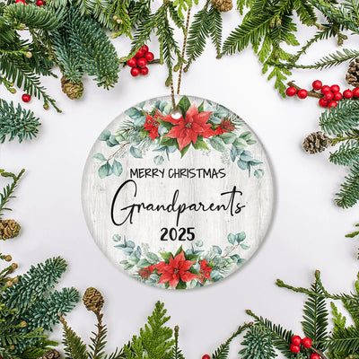 Merry Christmas Grandparents 2024 Ornament New GrandGrandparents Farmhouse Rustic Gray Wood Deep Red Poinsettia Flower Decoration Christmas Tree Ornament | teecentury