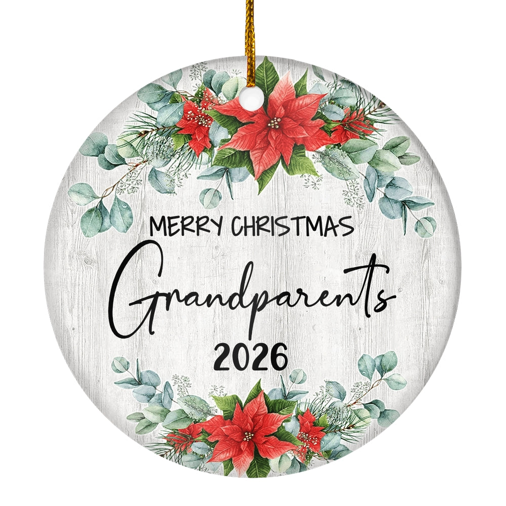 Merry Christmas Grandparents 2025 Ornament New GrandGrandparents Farmhouse Rustic Gray Wood Deep Red Poinsettia Flower Decoration Christmas Tree Ornament | teecentury