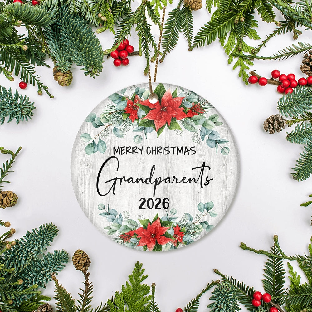 Merry Christmas Grandparents 2025 Ornament New GrandGrandparents Farmhouse Rustic Gray Wood Deep Red Poinsettia Flower Decoration Christmas Tree Ornament | teecentury