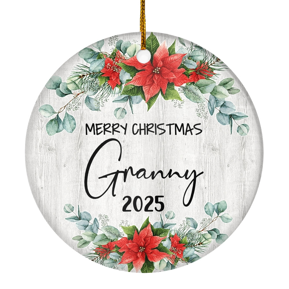 Merry Christmas Granny 2024 Ornament New Granny Farmhouse Rustic Gray Wood Deep Red Poinsettia Flower Decoration Christmas Tree Ornament | teecentury