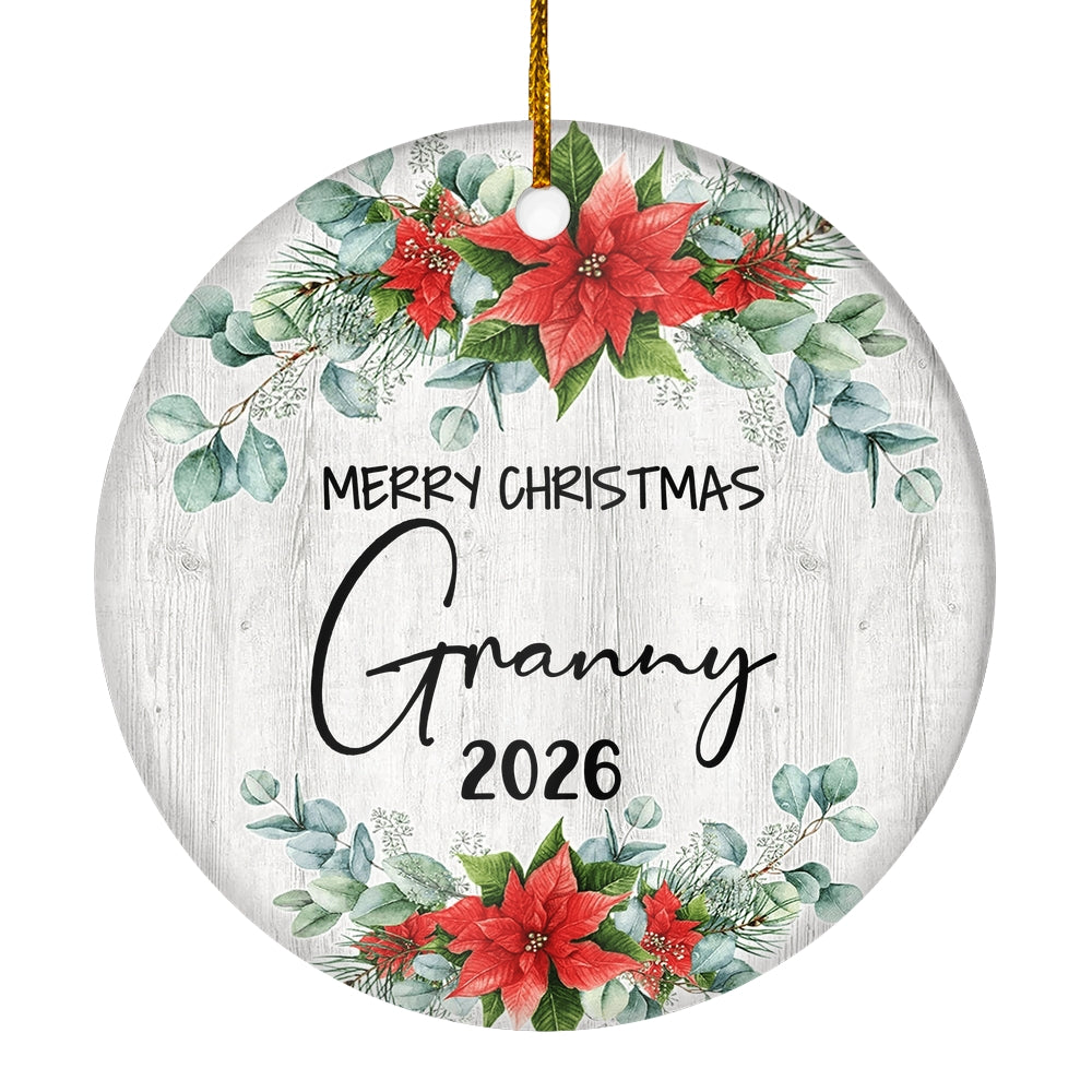 Merry Christmas Granny 2025 Ornament New Granny Farmhouse Rustic Gray Wood Deep Red Poinsettia Flower Decoration Christmas Tree Ornament | teecentury