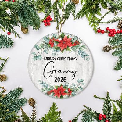 Merry Christmas Granny 2025 Ornament New Granny Farmhouse Rustic Gray Wood Deep Red Poinsettia Flower Decoration Christmas Tree Ornament | teecentury