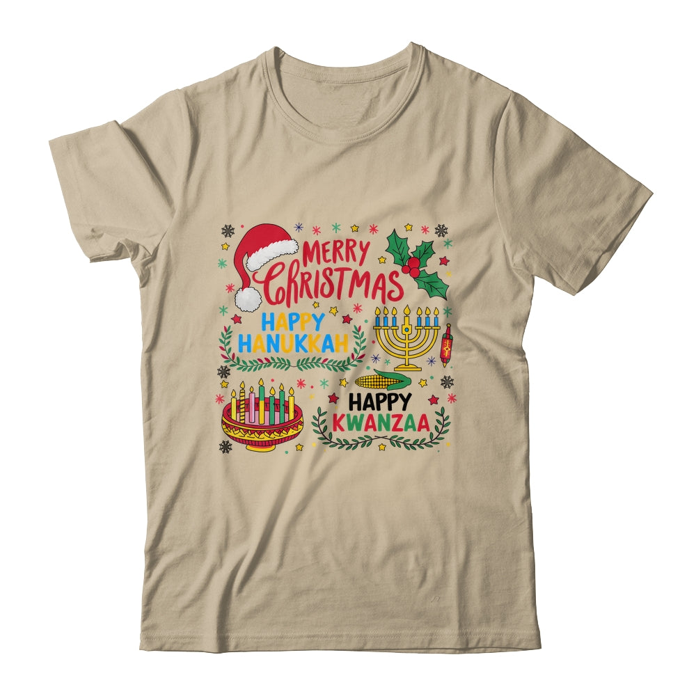 Merry Christmas Happy Hanukkah And Happy Kwanzaa Shirt & Sweatshirt | teecentury