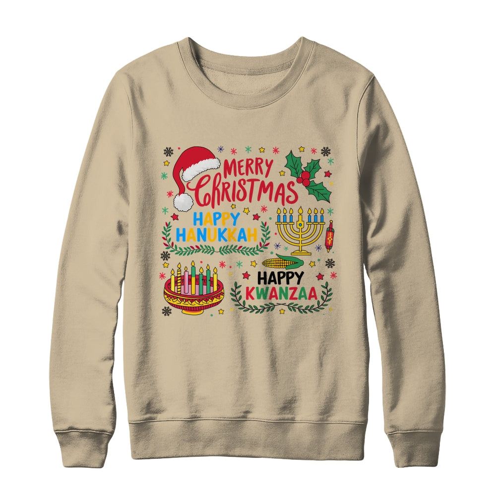 Merry Christmas Happy Hanukkah And Happy Kwanzaa Shirt & Sweatshirt | teecentury