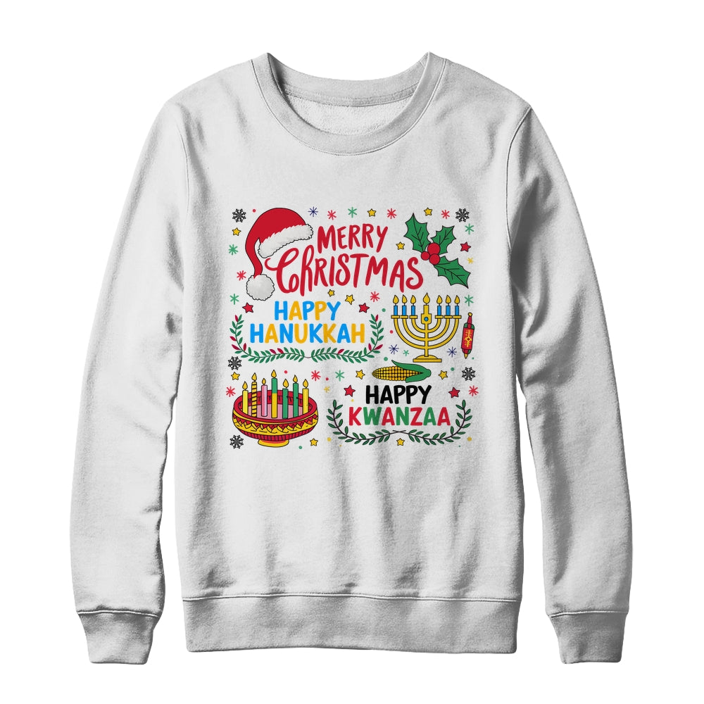 Merry Christmas Happy Hanukkah And Happy Kwanzaa Shirt & Sweatshirt | teecentury
