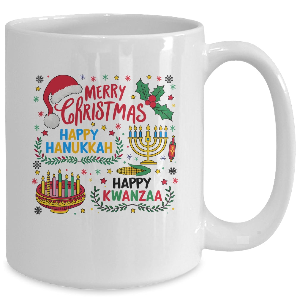 Merry Christmas Happy Hanukkah And Happy Kwanzaa Mug | teecentury