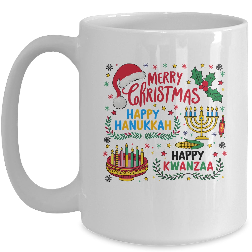 Merry Christmas Happy Hanukkah And Happy Kwanzaa Mug | teecentury