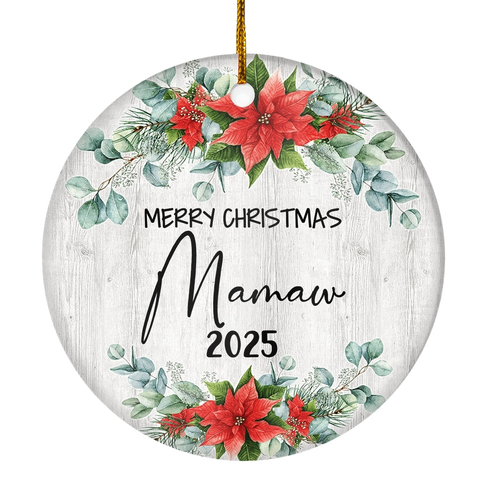 Merry Christmas Mamaw 2024 Ornament New Mamaw Farmhouse Rustic Gray Wood Deep Red Poinsettia Flower Decoration Christmas Tree Ornament | teecentury
