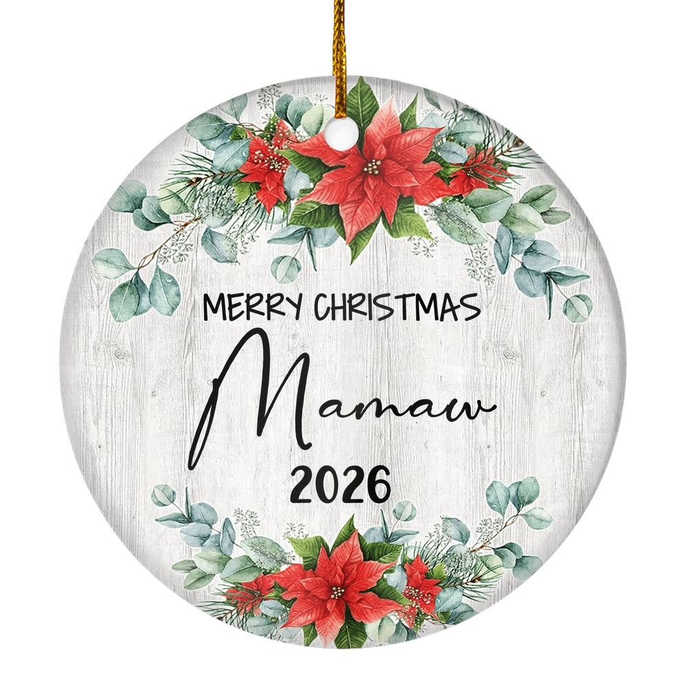 Merry Christmas Mamaw 2025 Ornament New Mamaw Farmhouse Rustic Gray Wood Deep Red Poinsettia Flower Decoration Christmas Tree Ornament | teecentury