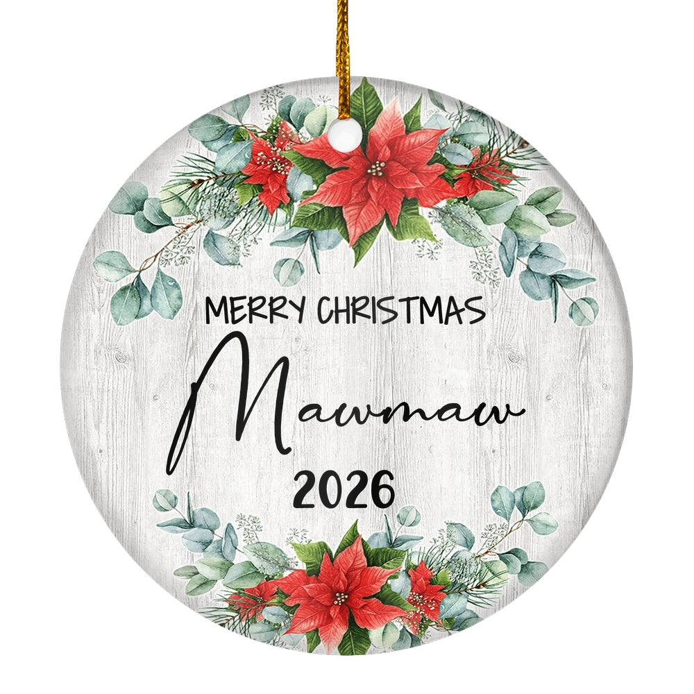 Merry Christmas Mawmaw 2025 Ornament New Mawmaw Farmhouse Rustic Gray Wood Deep Red Poinsettia Flower Decoration Christmas Tree Ornament | teecentury
