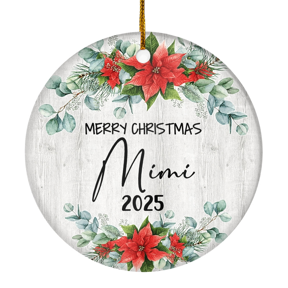 Merry Christmas Mimi 2024 Ornament New Mimi Farmhouse Rustic Gray Wood Deep Red Poinsettia Flower Decoration Christmas Tree Ornament | teecentury