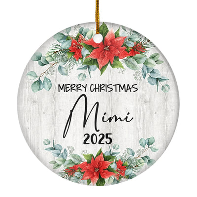 Merry Christmas Mimi 2024 Ornament New Mimi Farmhouse Rustic Gray Wood Deep Red Poinsettia Flower Decoration Christmas Tree Ornament | teecentury