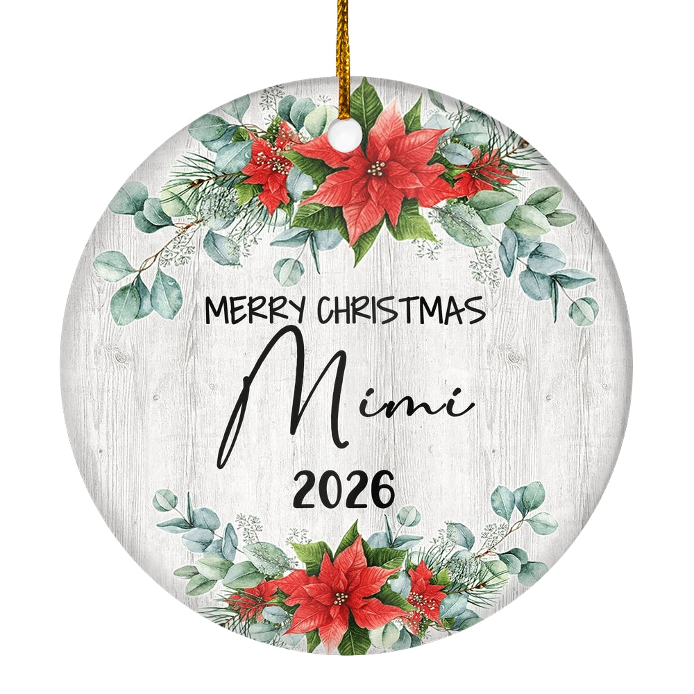 Merry Christmas Mimi 2025 Ornament New Mimi Farmhouse Rustic Gray Wood Deep Red Poinsettia Flower Decoration Christmas Tree Ornament | teecentury