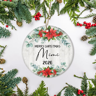 Merry Christmas Mimi 2025 Ornament New Mimi Farmhouse Rustic Gray Wood Deep Red Poinsettia Flower Decoration Christmas Tree Ornament | teecentury