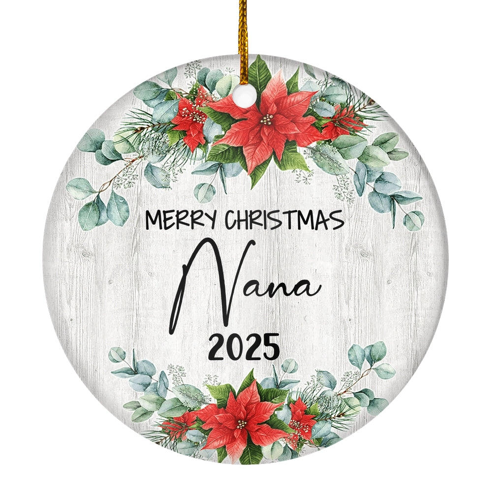 Merry Christmas Nana 2024 Ornament New Nana Farmhouse Rustic Gray Wood Deep Red Poinsettia Flower Decoration Christmas Tree Ornament | teecentury