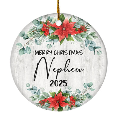 Merry Christmas Nephew 2024 Ornament New Nephew Farmhouse Rustic Gray Wood Deep Red Poinsettia Flower Decoration Christmas Tree Ornament | teecentury