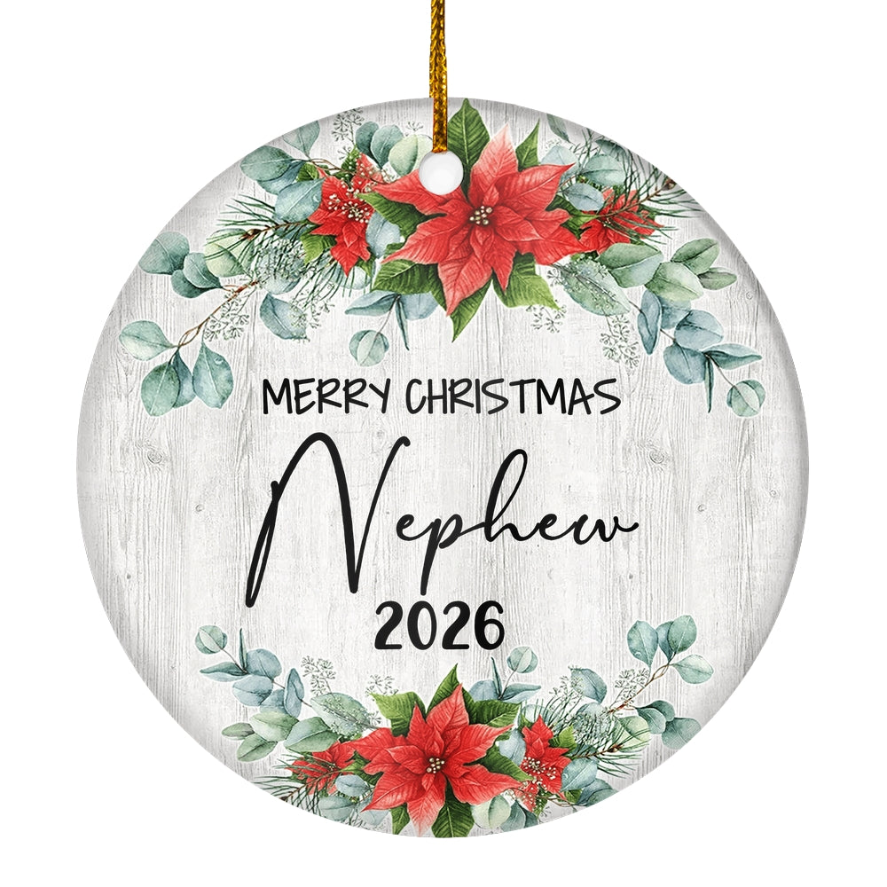 Merry Christmas Nephew 2025 Ornament New Nephew Farmhouse Rustic Gray Wood Deep Red Poinsettia Flower Decoration Christmas Tree Ornament | teecentury