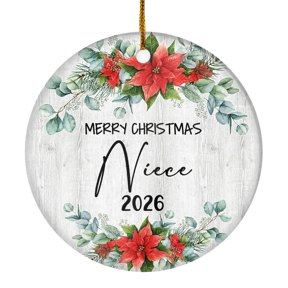 Merry Christmas Niece 2025 Ornament New Niece Farmhouse Rustic Gray Wood Deep Red Poinsettia Flower Decoration Christmas Tree Ornament | teecentury