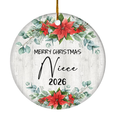 Merry Christmas Niece 2025 Ornament New Niece Farmhouse Rustic Gray Wood Deep Red Poinsettia Flower Decoration Christmas Tree Ornament | teecentury