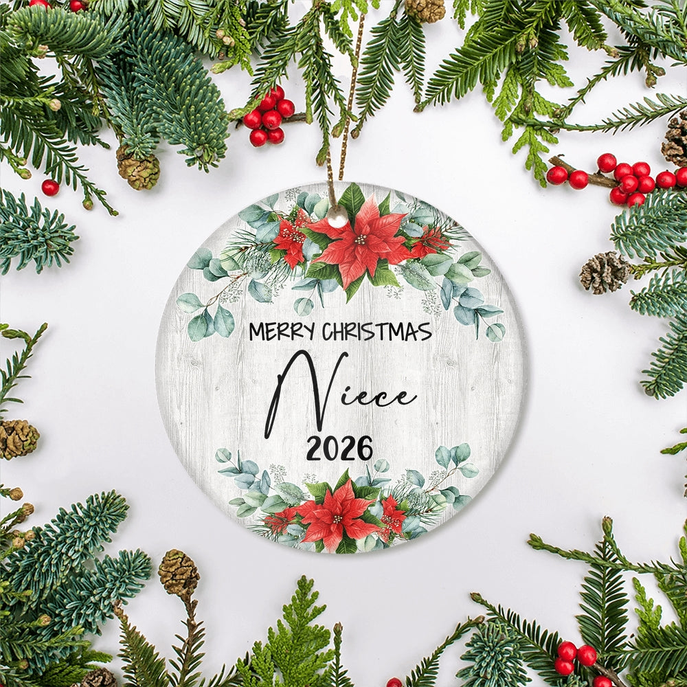 Merry Christmas Niece 2025 Ornament New Niece Farmhouse Rustic Gray Wood Deep Red Poinsettia Flower Decoration Christmas Tree Ornament | teecentury