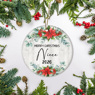 Merry Christmas Niece 2025 Ornament New Niece Farmhouse Rustic Gray Wood Deep Red Poinsettia Flower Decoration Christmas Tree Ornament | teecentury