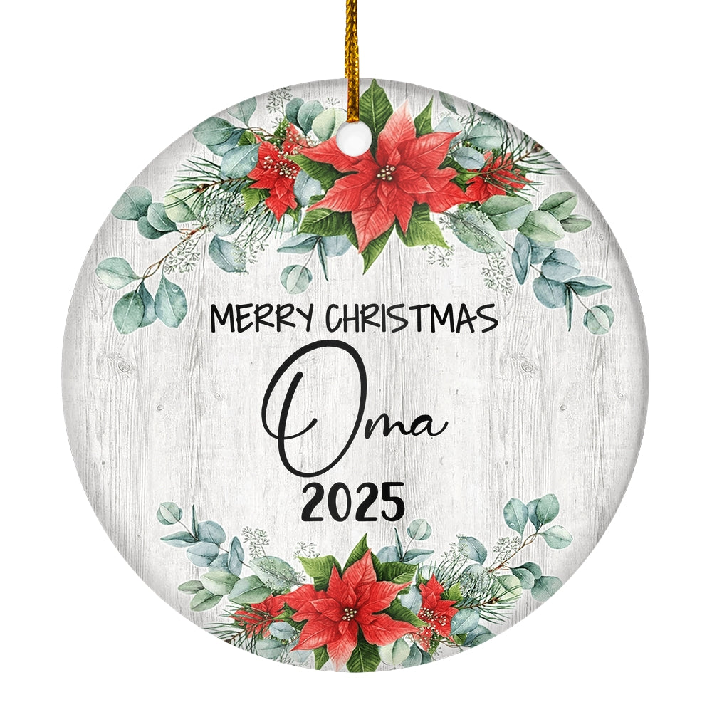 Merry Christmas Oma 2024 Ornament New Oma Farmhouse Rustic Gray Wood Deep Red Poinsettia Flower Decoration Christmas Tree Ornament | teecentury