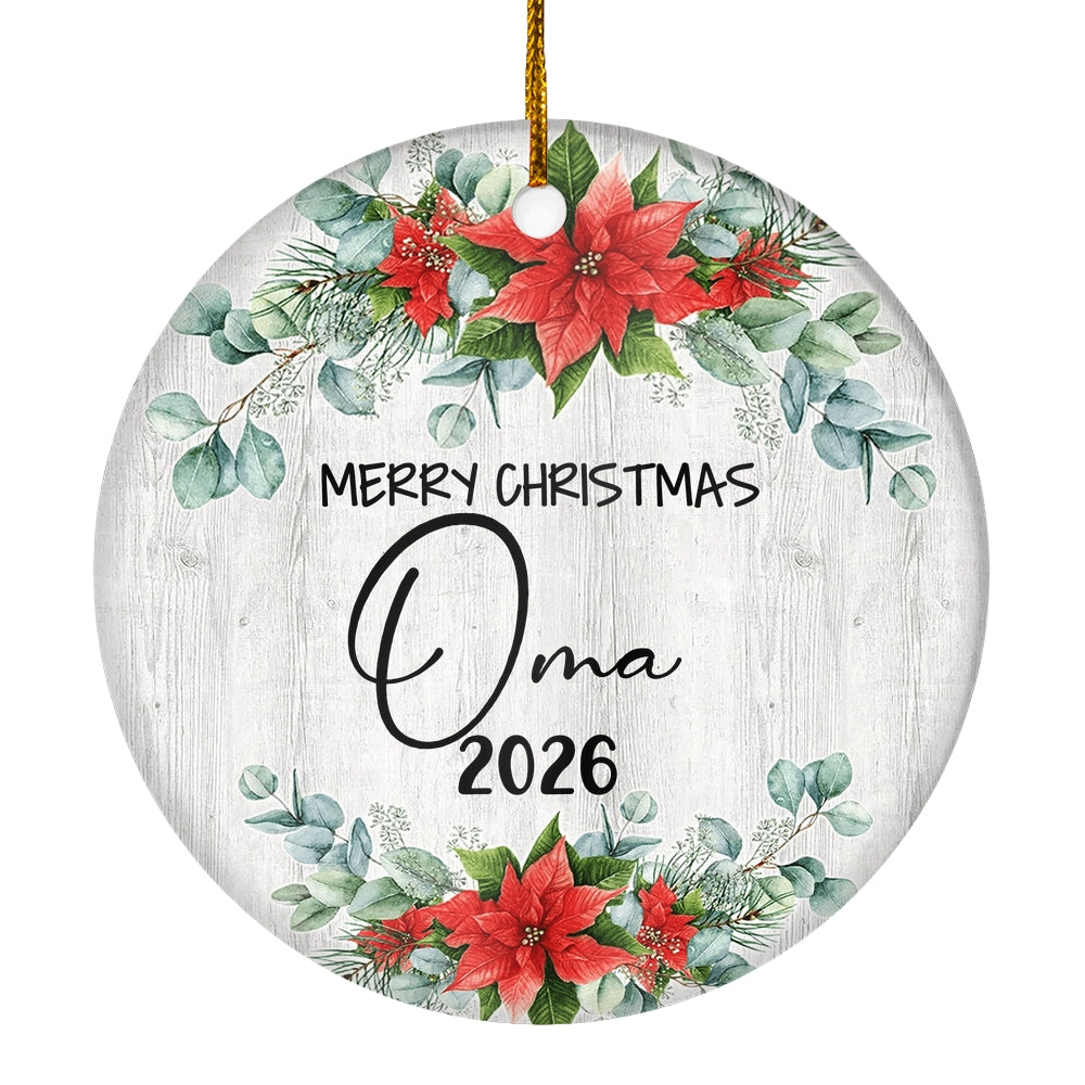 Merry Christmas Oma 2025 Ornament New Oma Farmhouse Rustic Gray Wood Deep Red Poinsettia Flower Decoration Christmas Tree Ornament | teecentury