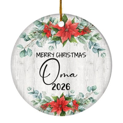 Merry Christmas Oma 2025 Ornament New Oma Farmhouse Rustic Gray Wood Deep Red Poinsettia Flower Decoration Christmas Tree Ornament | teecentury