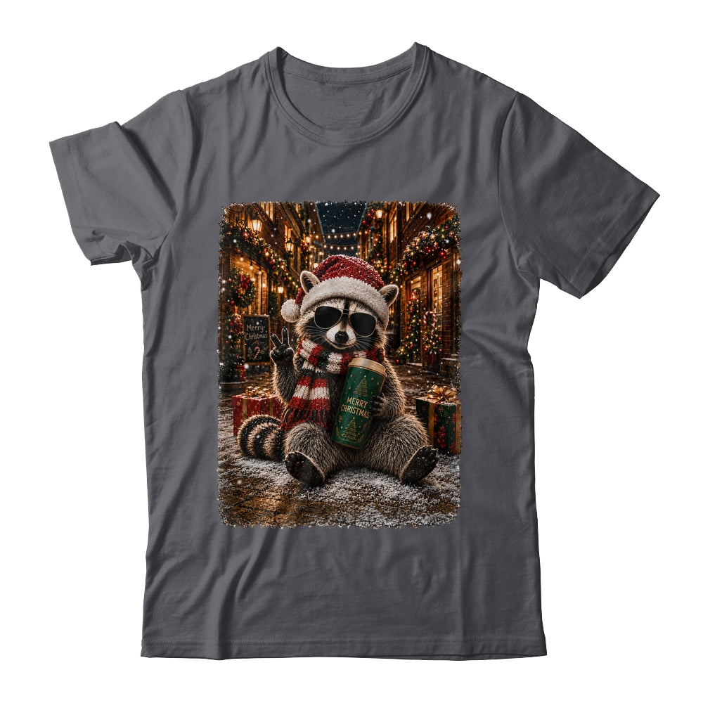 Merry Christmas Raccoon Cute Raccoon Drinking Iced Coffee Shirt & Sweatshirt | teecentury