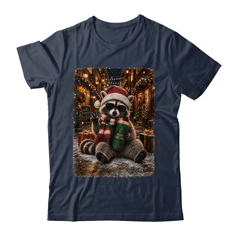 Merry Christmas Raccoon Cute Raccoon Drinking Iced Coffee Shirt & Sweatshirt | teecentury