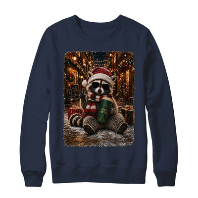 Merry Christmas Raccoon Cute Raccoon Drinking Iced Coffee Shirt & Sweatshirt | teecentury