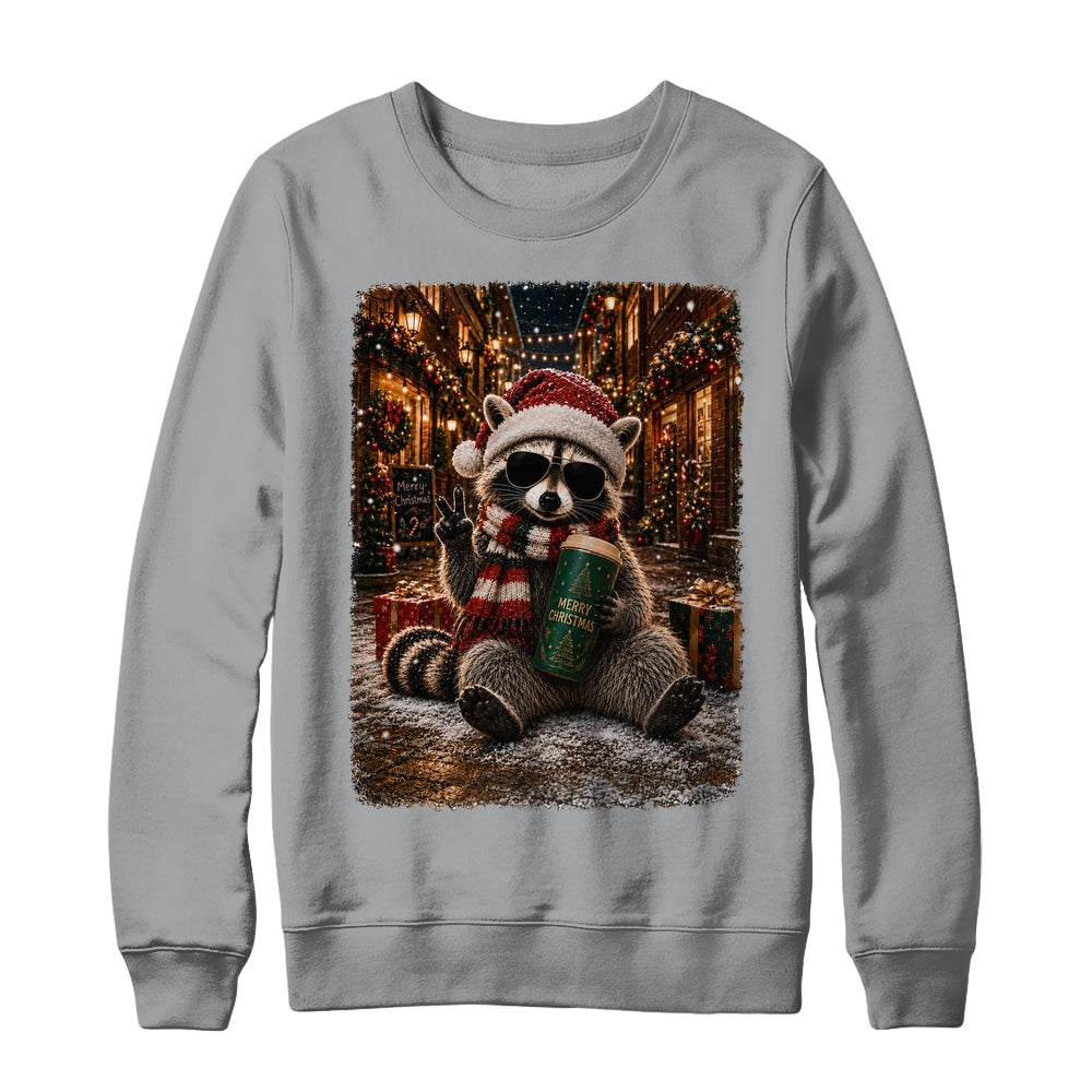 Merry Christmas Raccoon Cute Raccoon Drinking Iced Coffee Shirt & Sweatshirt | teecentury