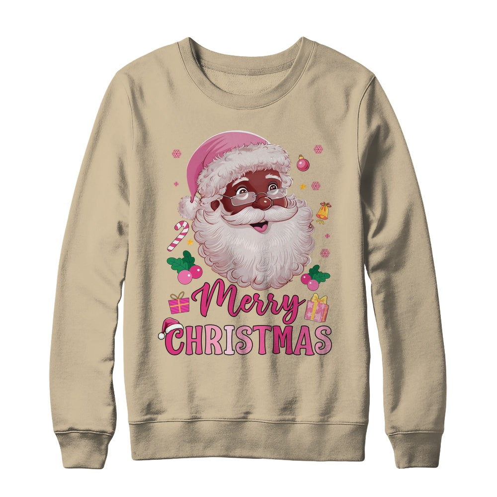 Merry Christmas Santa Claus Black Afro African American Pink Shirt & Sweatshirt | teecentury