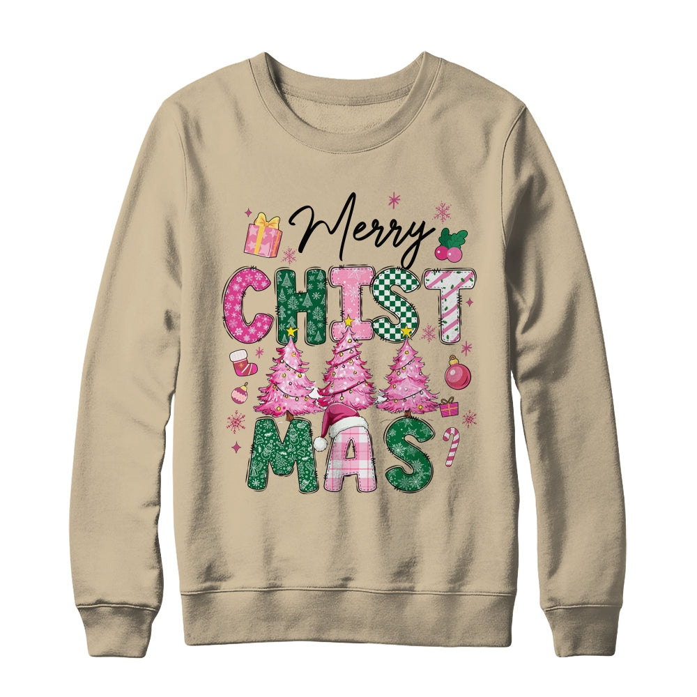 Merry Christmas Tree Pink Christmas Retro Vibes Girls Women Shirt & Sweatshirt | teecentury