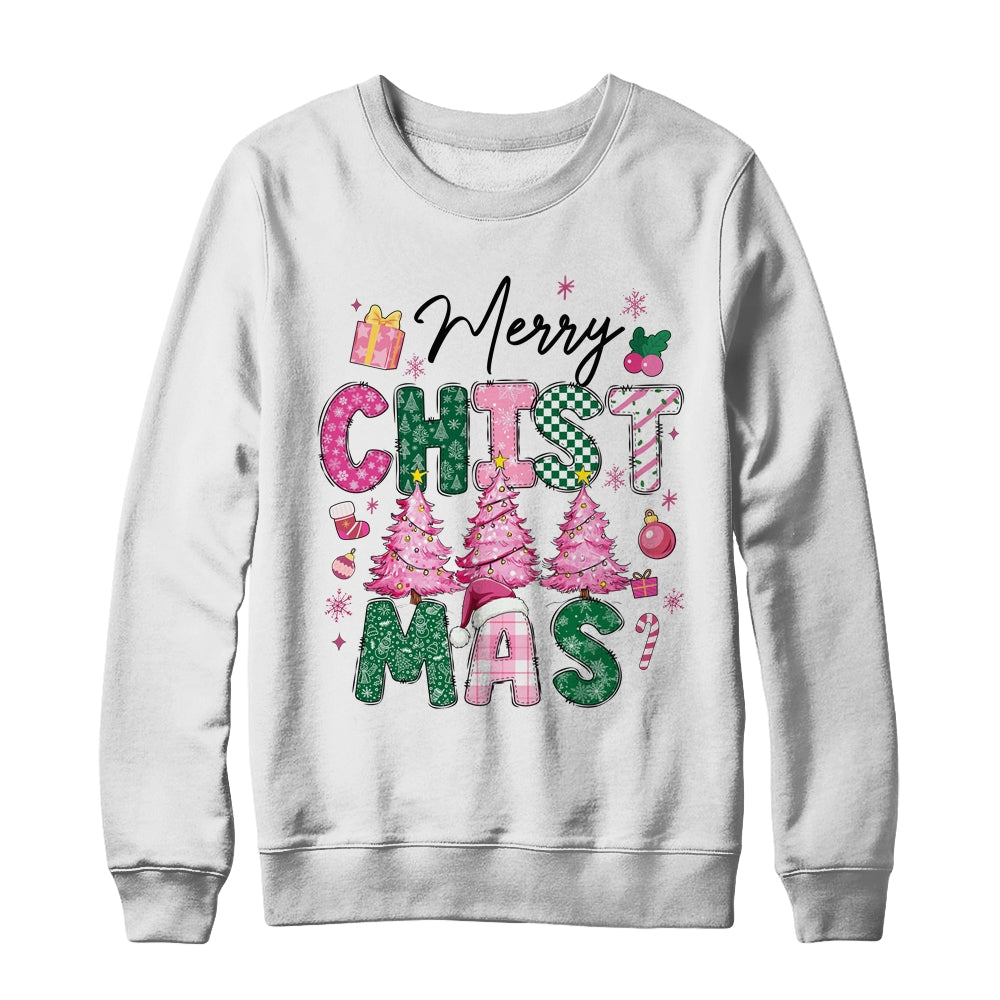 Merry Christmas Tree Pink Christmas Retro Vibes Girls Women Shirt & Sweatshirt | teecentury