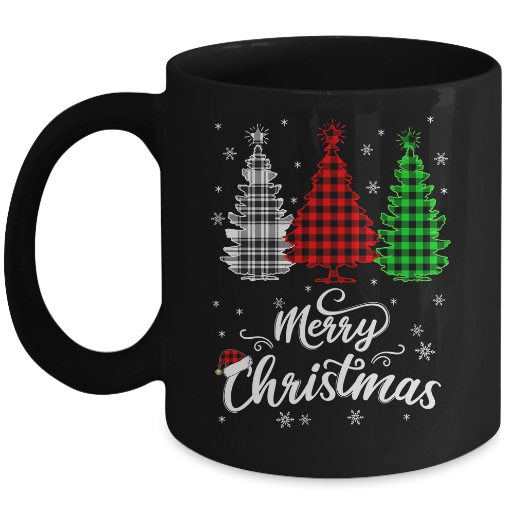 Merry Christmas Tree Xmas Buffalo Plaid Red White Green Mug | teecentury