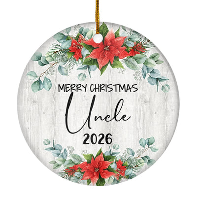 Merry Christmas Uncle 2025 Ornament New Uncle Farmhouse Rustic Gray Wood Deep Red Poinsettia Flower Decoration Christmas Tree Ornament | teecentury