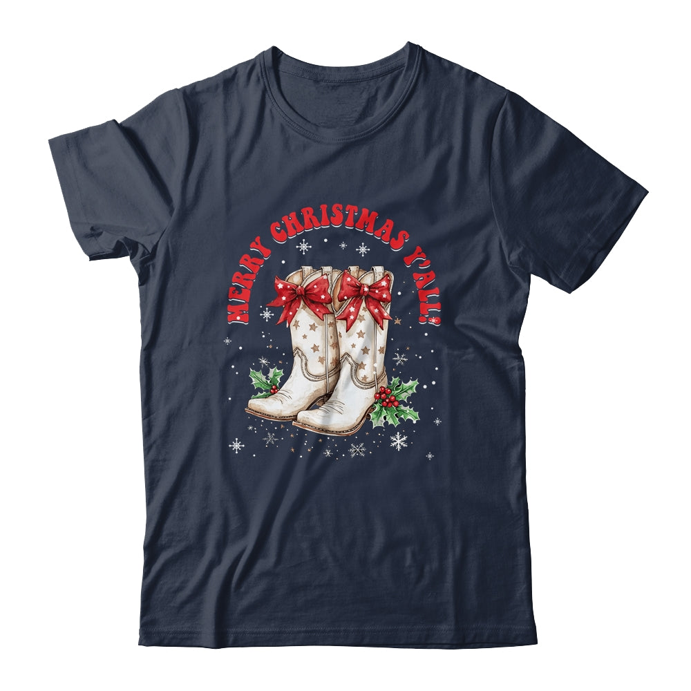 Merry Christmas Y'all Howdy Christmas Boots Cowgirl Coquette Shirt & Sweatshirt | teecentury