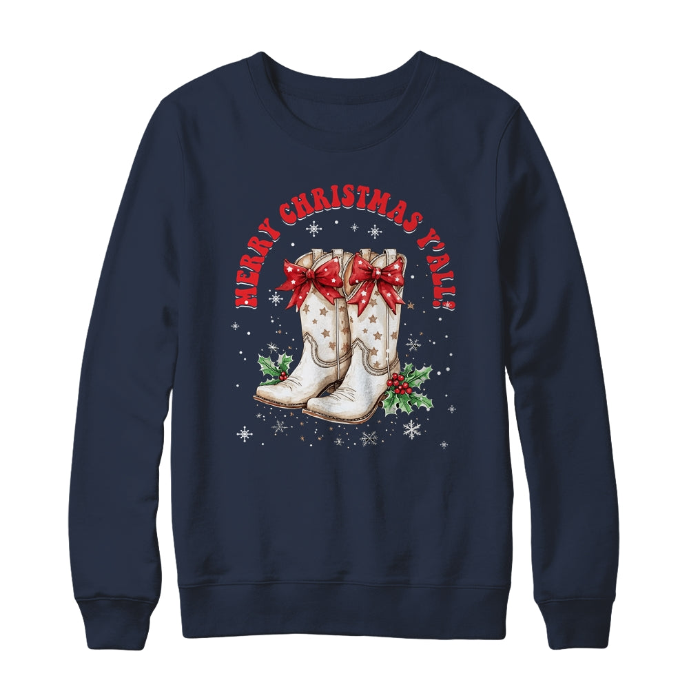Merry Christmas Y'all Howdy Christmas Boots Cowgirl Coquette Shirt & Sweatshirt | teecentury