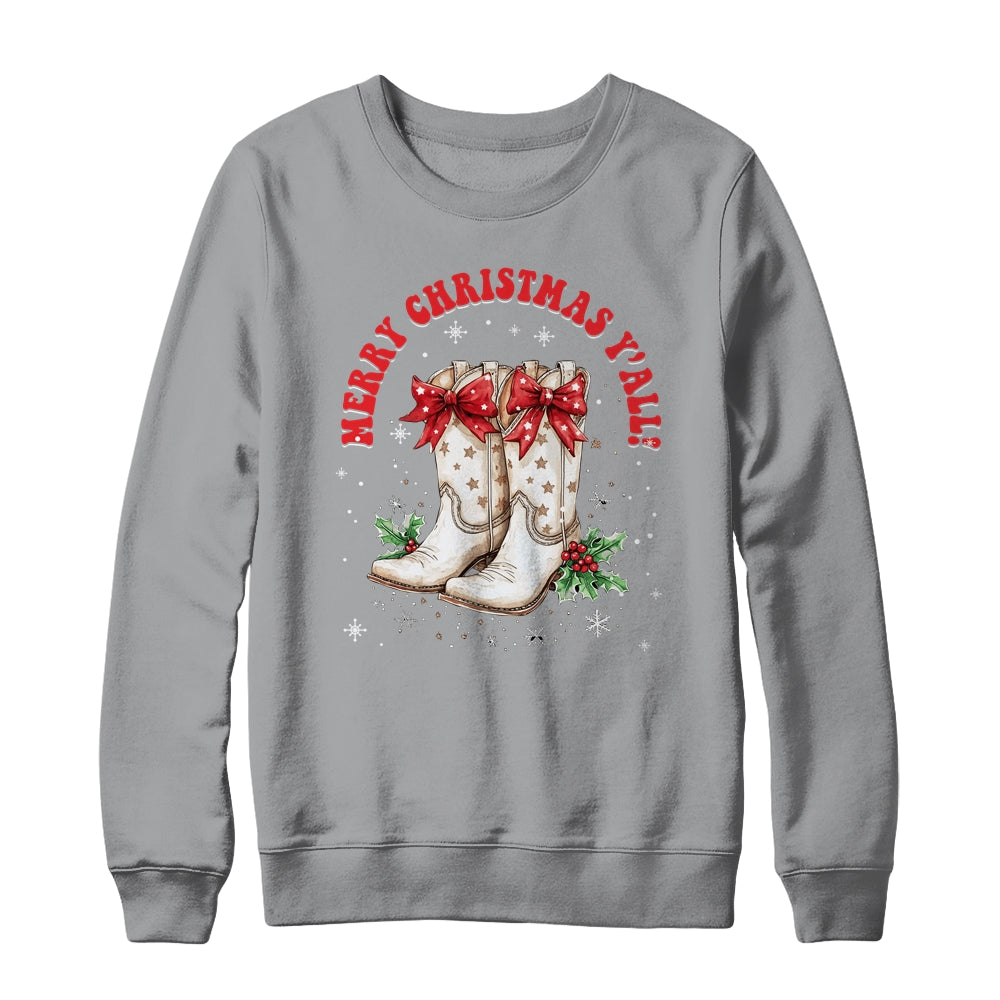 Merry Christmas Y'all Howdy Christmas Boots Cowgirl Coquette Shirt & Sweatshirt | teecentury