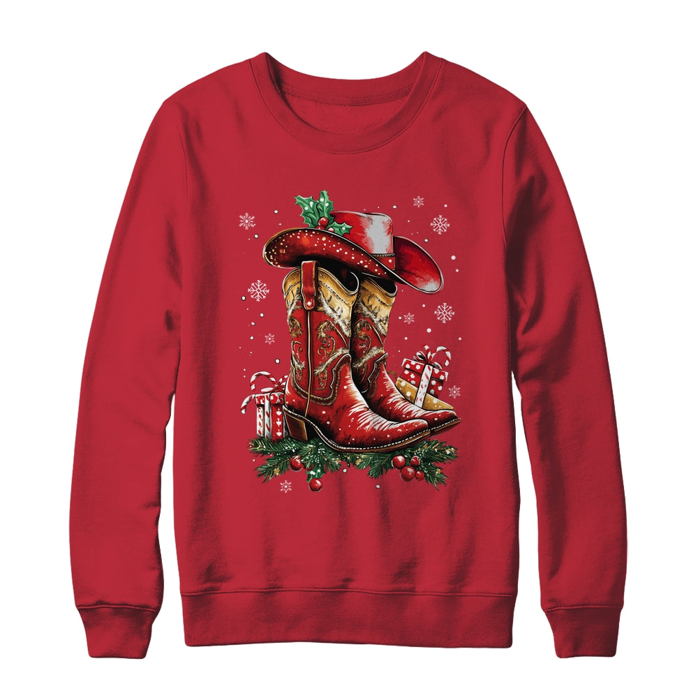 Merry Christmas Y'all Western Country Cowboy Cowgirl Boots Shirt & Sweatshirt | teecentury