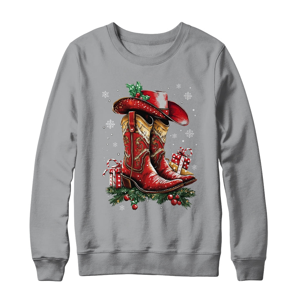 Merry Christmas Y'all Western Country Cowboy Cowgirl Boots Shirt & Sweatshirt | teecentury