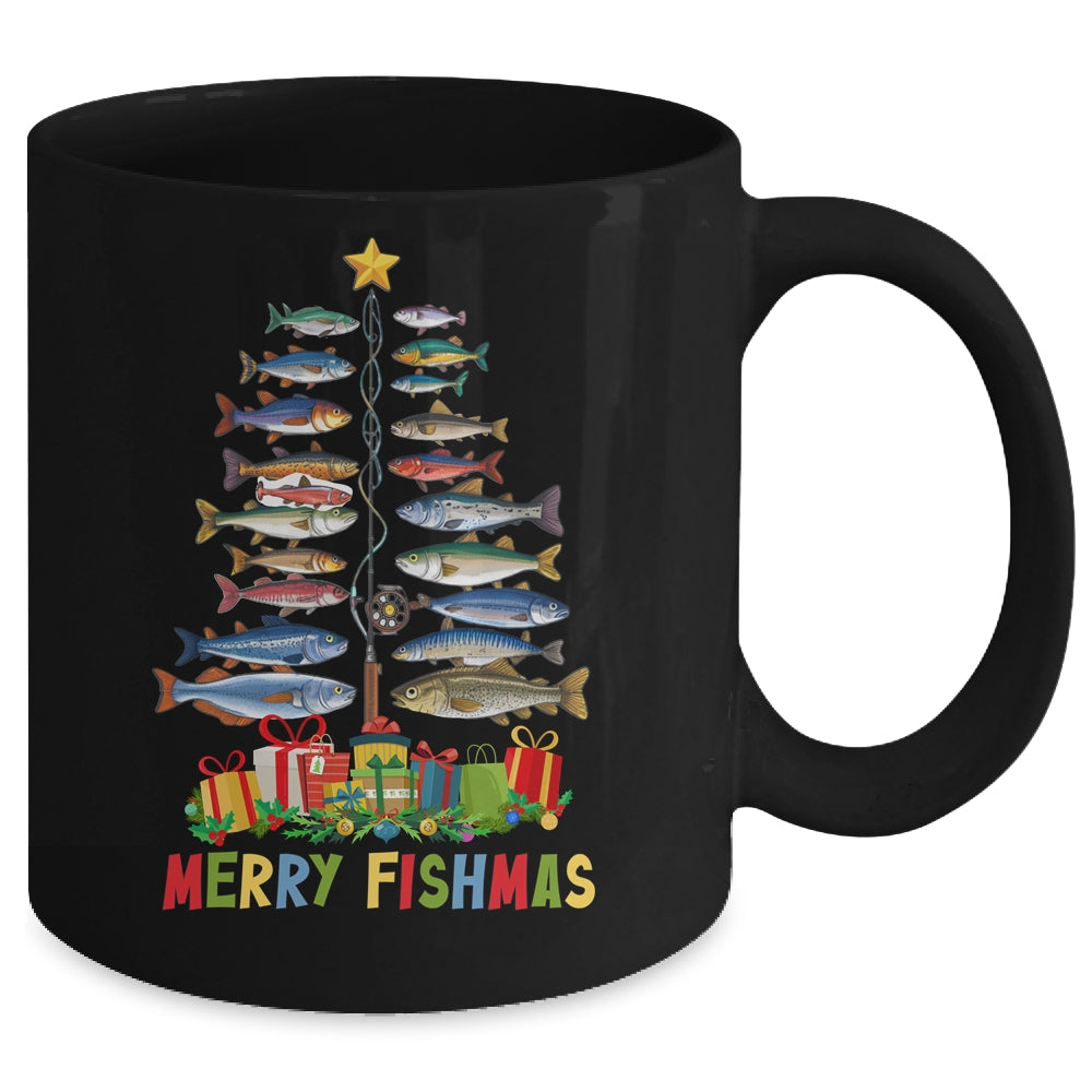 Merry Fishmas Funny Christmas Tree Lights Fishing Rod Fish Mug | teecentury