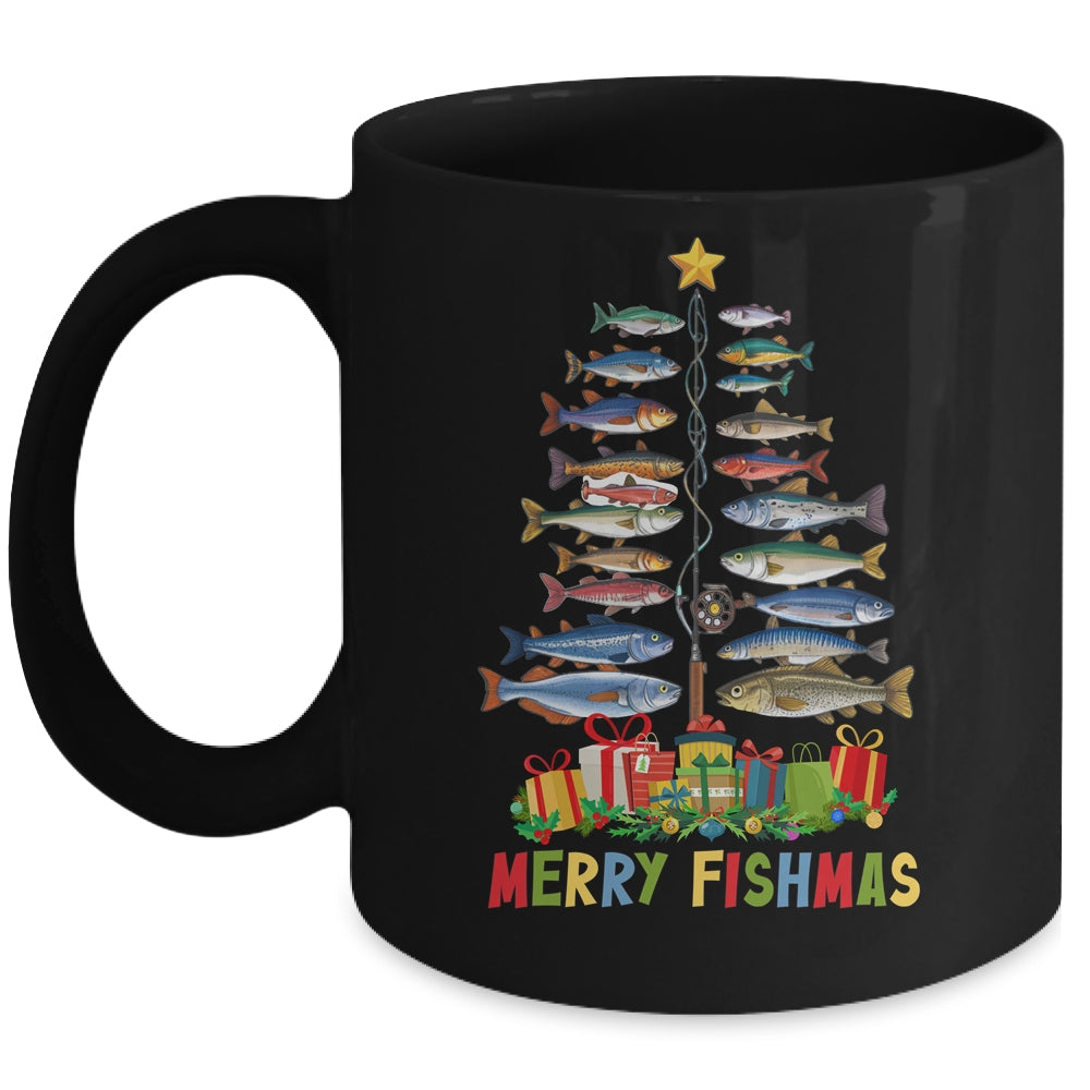 Merry Fishmas Funny Christmas Tree Lights Fishing Rod Fish Mug | teecentury